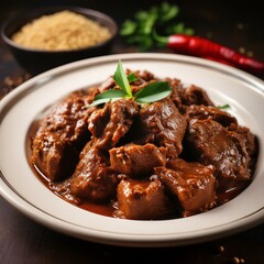 A rich, close-up view of beef rendang, highlighting the dark, caramelized sauce, tender meat, and fragrant spices