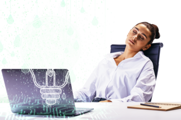 Woman in white shirt resting in office chair, lightbulb hologram on laptop screen, white background. Concept of creativity and innovation