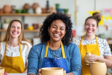 Diverse Friends Immersed in Playful Pottery Class Crafting Vibrant Ceramics Together