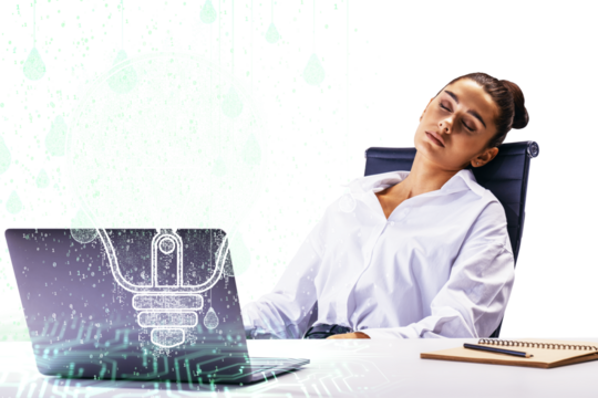 Woman in white shirt resting in office chair, lightbulb hologram on laptop screen, white background. Concept of creativity and innovation