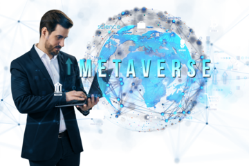 Businessman using a tablet, virtual holographic metaverse interface, Earth globe backdrop, futuristic digital technology concept