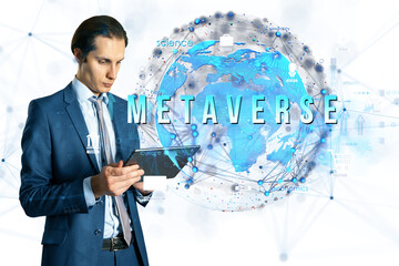Businessman in a suit using a tablet, futuristic digital globe, white background, technology and innovation concept