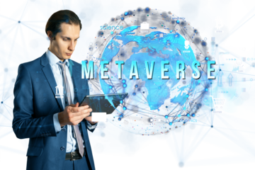Businessman in a suit using a tablet, futuristic digital globe, white background, technology and innovation concept