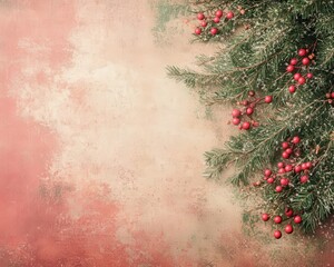 Festive arrangement of evergreen branches with red berries against a textured background