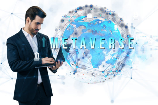 Businessman using a tablet, virtual holographic metaverse interface, Earth globe backdrop, futuristic digital technology concept