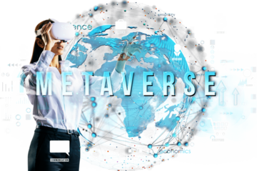 Woman wearing VR headset interacts with holographic globe, text Metaverse overlaid, futuristic design, white background, concept of technology