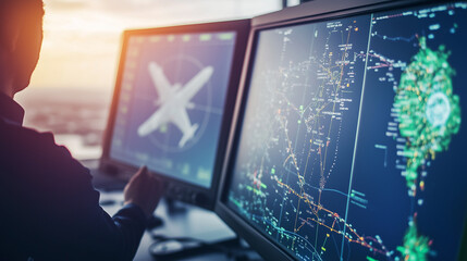 Air traffic control tower overseeing a bustling airport, ensuring safe and efficient aircraft movements, symbolizing coordination and precision in aviation operations