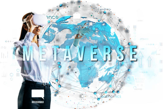 Woman wearing VR headset interacts with holographic globe, text Metaverse overlaid, futuristic design, white background, concept of technology - Powered by Adobe