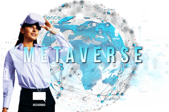 Woman wearing VR headset with digital globe, futuristic icons, and Metaverse text, on a clean white background, symbolizing technology concepts