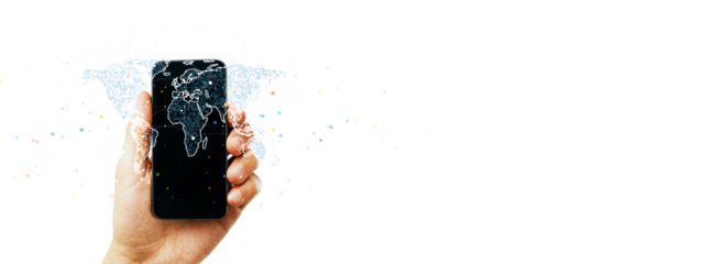 Hand holding smartphone with glowing world map overlay, white background, symbolizing global connectivity, technology, and communication