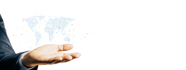 Hand in a business suit holding a digital pixelated world map with colorful dots, isolated on white background. Global connection concept