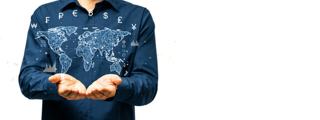 Man in dark blue shirt holding a digital world map with currency symbols. Transparent design, isolated on white, symbolizing global finance