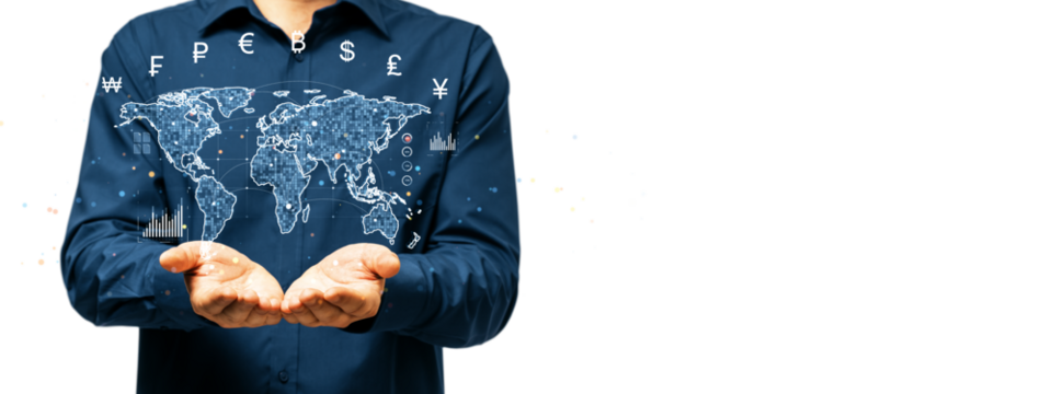 Man in dark blue shirt holding a digital world map with currency symbols. Transparent design, isolated on white, symbolizing global finance