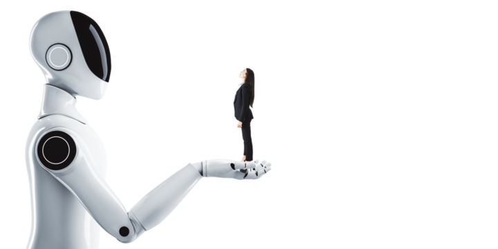 A humanoid robot holding a businesswoman on its palm, isolated on a clean white background, symbolizing technology and human collaboration