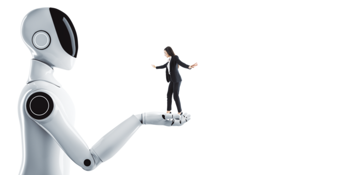 Futuristic robot holding a businesswoman on its hand, white background, clean design, representing technology and human interaction concept