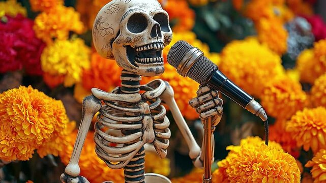 During the Dia de los Muertos festival, a skeleton holding a microphone is surrounded by marigolds and autumnal decorations.