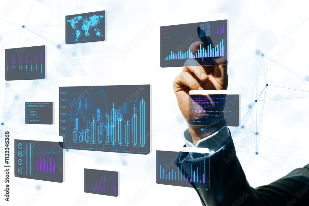Aufkleber Hand interacting with virtual screens displaying charts, graphs, and coding on a white background, representing data analysis and technology concepts