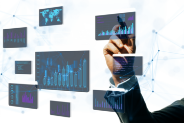 Hand interacting with virtual screens displaying charts, graphs, and coding on a white background, representing data analysis and technology concepts