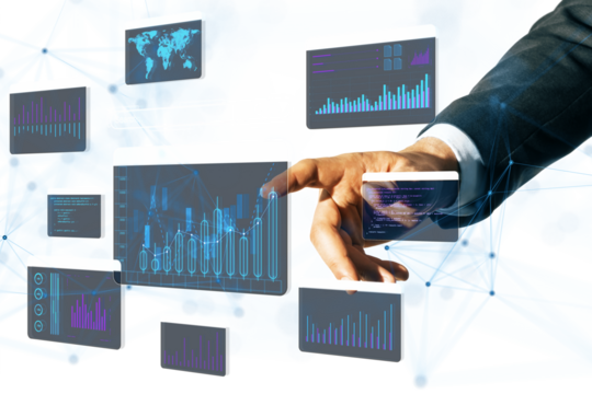 Hand reaching towards floating digital charts, graphs, and data displays in a futuristic design on a white background, concept of technology
