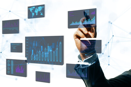Hand interacting with virtual screens displaying charts, graphs, and coding on a white background, representing data analysis and technology concepts