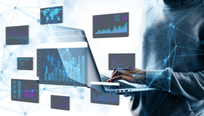 Person typing on a laptop surrounded by digital interface elements, graphs, and data on a light futuristic background, concept of technology