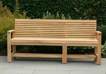 Wooden bench with slatted back on a patio, surrounded by green foliage.