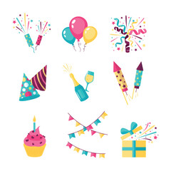 Colorful Party Icons Featuring Balloons, Fireworks, Cupcake, and Gifts