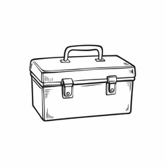 Classic metal toolbox rendered in nostalgic hand-drawn style. Traditional design with practical carrying handle and side clasps. Concept: DIY store, hardware shop, craft supplies
