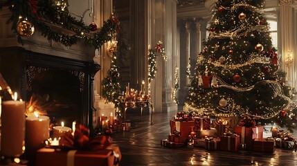 Fototapeta premium A large Christmas tree is lit up with candles and ornaments