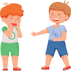 Fototapeta premium Preschool boy laughing and pointing at another boy covering his face in tears, highlighting conflict, mockery, and negative emotions in a school setting