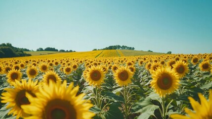A vibrant sunflower field stretching to the horizon, with bright yellow blooms under a clear blue sky