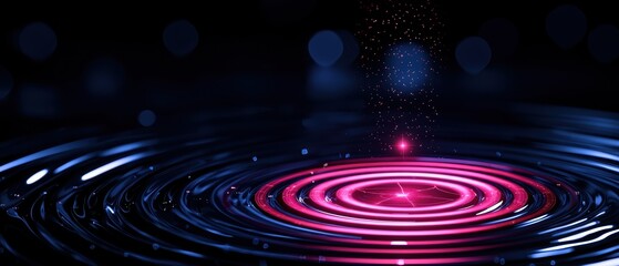 Obraz premium A vibrant image of concentric ripples in water with a pink glow and sparkling particles, creating a serene and captivating visual effect.