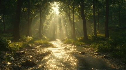 Obraz premium Sunbeams illuminating a tranquil forest stream.