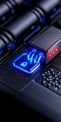A close-up of a sleek electronic device showing illuminated buttons and ports, emphasizing modern technology design with vibrant blue accents.