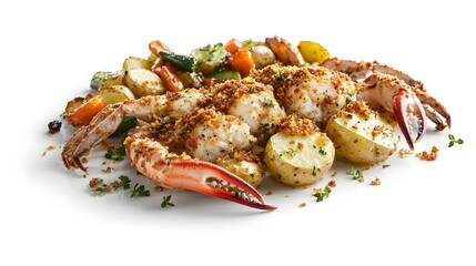 A delicious seafood dish featuring shrimp, crab, and roasted vegetables.
