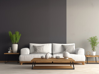 Modern minimalist duotone walls living room with contrast wall, light sofa and coffee table