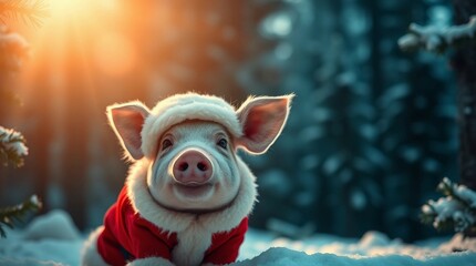 Portrait of little pig at Christmas time,  pine forest