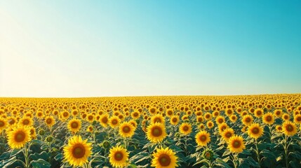 Obraz premium A vibrant sunflower field stretching to the horizon, with bright yellow blooms under a clear blue sky