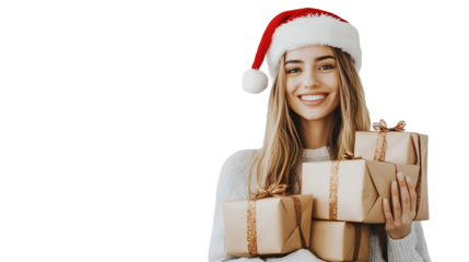 Smiling woman wearing a Santa hat holding a stack of Christmas gifts on a white background. PNG