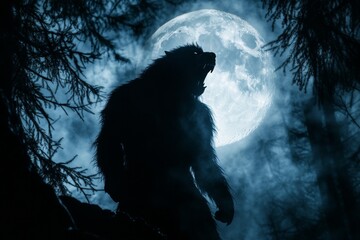 A mysterious werewolf howling at the full moon silhouette in a dark forest for halloween theme