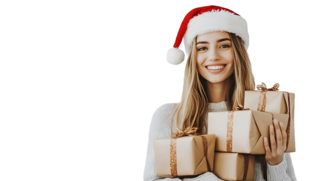 Smiling woman wearing a Santa hat holding a stack of Christmas gifts on a white background. PNG