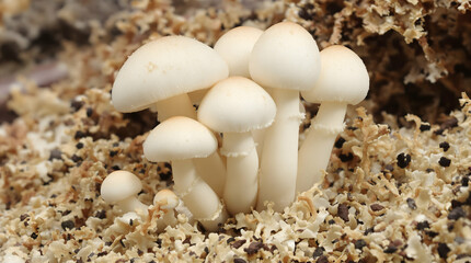 Delicate White Mushrooms Growing Amidst a Textured Natural Background in a Forest Setting