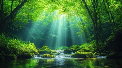 Obraz premium Sunbeams illuminating a lush forest stream.
