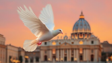 Pigeon in flight celebrates the holy yearthe 2025 jubilee in rome architectural splendor at sunset