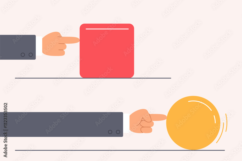 Aufkleber Efficiency of business leaders solution, easy way to solve problem. Hands of employees move cube and sphere with different efforts, businessman with ball wins competition cartoon vector illustration