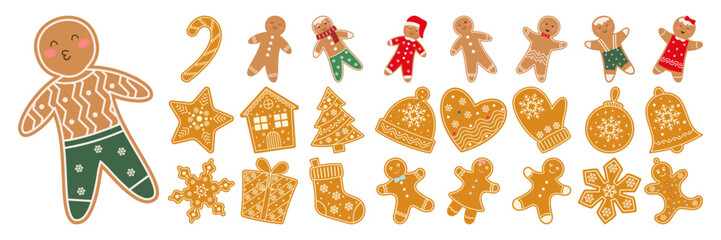 Christmas Gingerbread Cookie. Set of winter sweet homemade biscuits in the form of different characters and holiday items on a white background