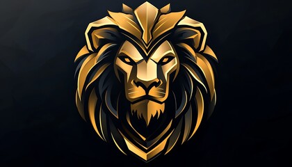Obraz premium Clean lion head logo in armor shape, gold and black gradient. Flat vector design, simple details on dark backdrop. Ultra HD.