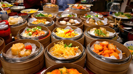 Fototapeta premium Delicious Display of Traditional Dim Sum in Steamed Baskets at a Bustling Market in Asia