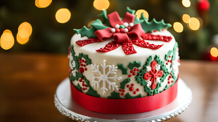 A festive Christmas cake adorned with red and green fondant ribbons sugar snowflakes and edible holly leaves.