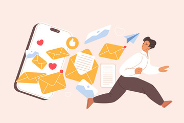 Fototapeta premium Spam overload, information, infobesity, infoxication detected. Tiny overwhelmed businessman running away in stress from attack of mail messages on smartphone screen cartoon vector illustration